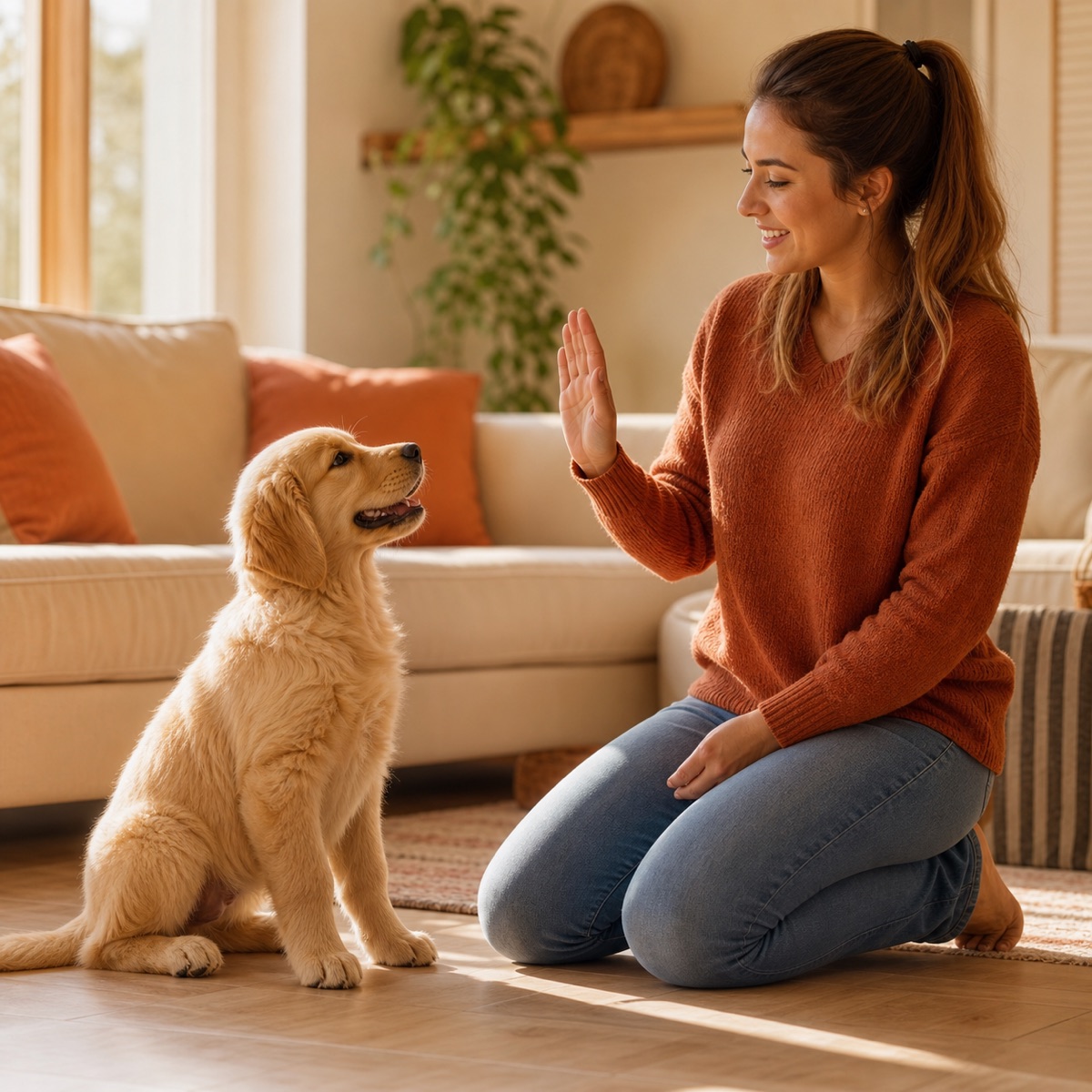 An owner running a short training session with a happy puppy at home